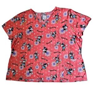 Scrubs Nurse Scrub Top Cartoon Disney  Minnie Mouse Watering Flowers Woman 3X